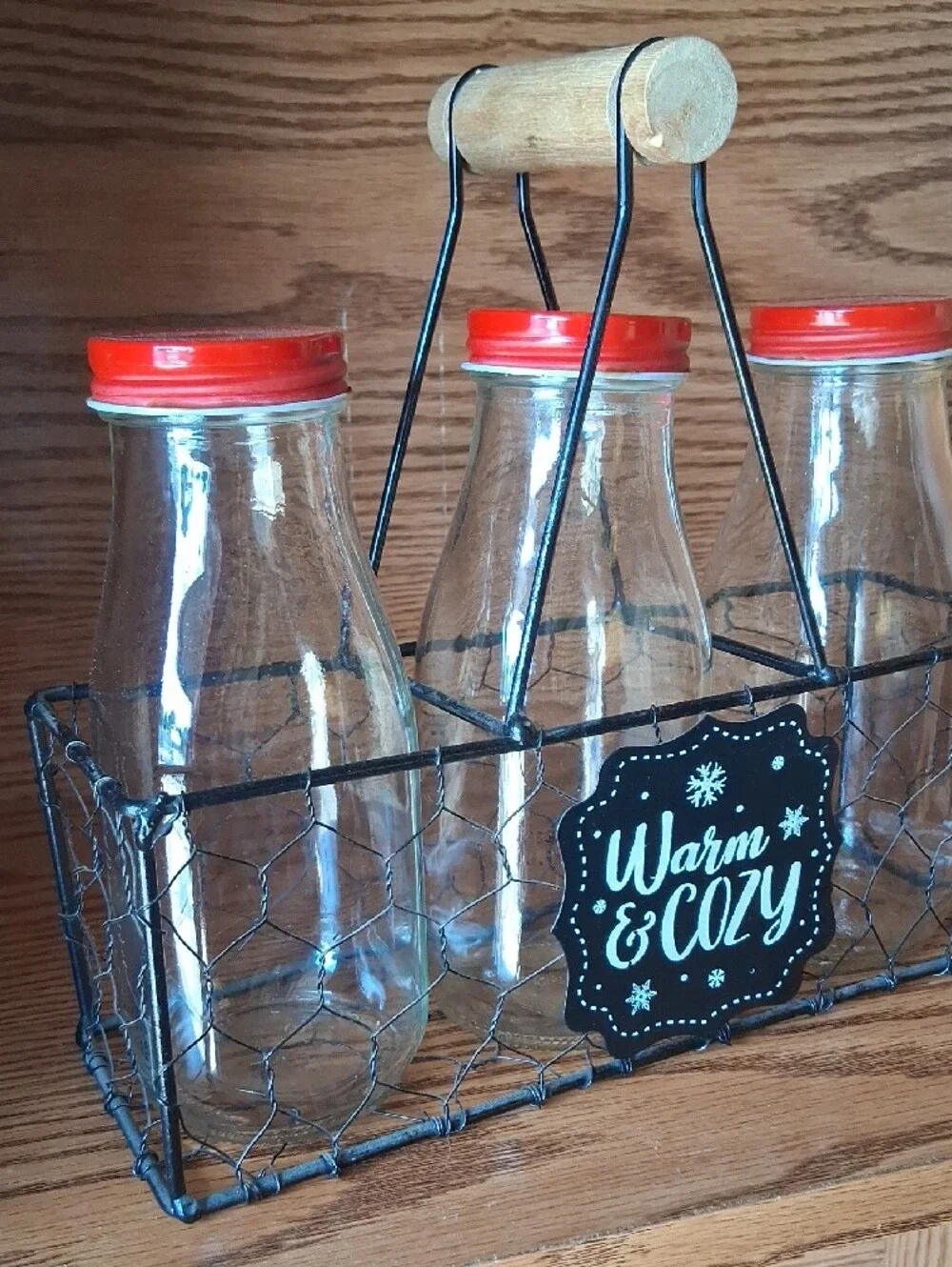 Warm & Cozy Rustic Wire Milk Bottle Caddy with Red Lids